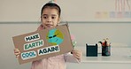School, education and girl with recycle presentation in classroom for lesson, learning and oral assessment. Teaching, academy and child speaker with poster for eco project, report and knowledge