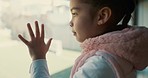 Depression, anxiety and girl child with hand on a window looking for help from abuse, danger or risk at home. Children, mental health and kid with stress, crisis or scared, hiding or fear of bullying