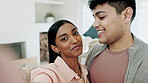 Couple, selfie and happy together in new home or moving in with real estate property. A man and woman with profile picture for social media in their first house with mortgage, boxes and investment 