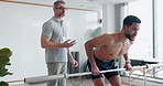 Personal trainer, technology or man in physiotherapy for sports exercise, health or body rehabilitation. Coach, strong athlete or physiotherapist for fitness training test, power or lifting weight