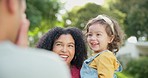 Happy family, parents or baby in park to play with love, care or quality bonding time together outdoors. Mother, face or daughter laughing at game with joy, support or smile with father or freedom