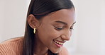 Happy, laughing and a woman in a house for remote work, communication or relax. Smile, young and an Indian girl, freelance worker or entrepreneur in a home or bedroom for comfort, funny and face