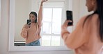 Woman, mirror selfie and home with smile, memory and post on web blog with kiss, funny face and excited. Happy influencer girl, photography and pout in profile picture for social media app in house