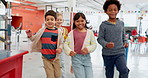 School, excited and children running in hallway happy for education and learning together as friends. Freedom, knowledge and group of kids with energy on a lunch break and playful with happiness