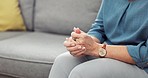 Anxiety, stress and woman hands closeup on a lounge sofa for therapy and psychology session. Worry, person and thinking with fear and problem on a couch for therapist consultation for mental health