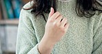 Closeup, touching hair and woman with anxiety, nervous and depression with stress, mental health and counselling. Zoom, person and girl with curls, hand and home with psychology with fear and afraid