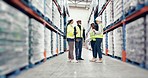 People are talking in warehouse, distribution supplier and labor, ecommerce with storage and coworking. Shelf, supply chain and stock, friends with cargo and freight, logistics and group in factory
