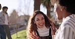 Friends, women students and happiness outdoor, talking and communication while at campus with funny story. Conversation, comedy and gossip with young people on campus, relax together during break