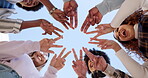 Students, star and hands with friends in college from below for support, education and future. Motivation, learning and scholarship with group of people at school for university and studying 