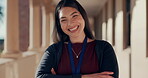 Education, teacher and crossed arms with laugh on school ground for learning, knowledge and happiness outside. College, face and portrait of woman on campus at university for lecture and teaching