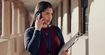 School, phone call and teacher in hallway with clipboard for learning, lesson agenda and education. Teaching, academy and woman on smartphone for communication, talking and discussion at college