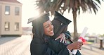 Happy woman, student and friends hug in graduation or celebration for diploma, degree or certificate at campus. Excited female person or graduate in embrace, love or support for achievement together