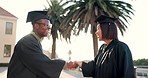 Happy friends, student and handshake in graduation or celebration for diploma, degree or certificate at campus. Excited man and woman graduate shaking hands in support, achievement or award together