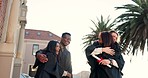 Happy people, friends and hug in graduation, celebration or success together at outdoor campus. Graduate students, love and embrace smile in sequence for diploma, certificate or goodbye and farewell