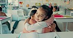 Students, hug and classroom at school together with bonding, happy and smile of girl. Friends, youth learning and education of young kids in a class for study and excited children with friendship