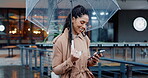 Phone, search and woman in rain in a city typing on social media or walking at location on internet and app gps. Winter, umbrella and person on vacation or holiday and chatting with connection