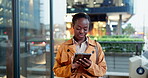 Phone, search and business with black woman in city for networking, social media and communication. Technology, mobile app and professional with person in street for contact, email and conversation