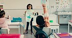 School, presentation and children with question in classroom for lesson, learning and show and tell. Education, academy and young kids with hand raised for asking, answer and solution for student