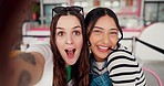 Face, selfie and happy girl friends in a restaurant with profile picture and social media. Bruch, smile and young people together with bonding and photo for post in a cafe or coffee shop at bruch