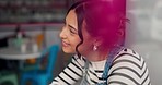 Cafe, conversation and happy woman talking at coffee shop, having fun and communication. Store, smile and person at restaurant cafeteria with gossip story, chat or discussion of social life by window