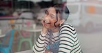 Laugh, talking and woman at a cafe with funny, comic or comedy joke communication. Conversation, happy and young female person from Mexico with a smile by a restaurant or coffee shop window.