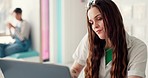 Laptop, remote work and a woman in a cafe, working on an article or content for her blog. Computer, happy and a young customer typing as a freelance journalist or entrepreneur in her local bakery