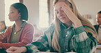 Test, students and reading for education in classroom with focus for assessment, learning and scholarship at school. Exam, college and girls with goals studying for knowledge, career and development