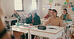 Education, students and discussion in classroom with teacher for questions, learning and knowledge at school. College, conversation and girl talking to mentor for study tips, teaching and exam