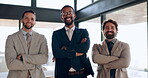 Business men, happy and professional portrait in office with confidence, diversity or leader. Corporate people or team together for collaboration, company management and partnership with arms crossed