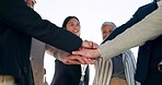 Hands, collaboration and applause with a business team in a huddle for celebration of a goal or target together. Meeting, smile and support of success or motivation with an employee group in a circle