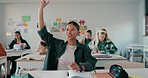 High school, girl and raised hand for answer, classroom and education with talking for assessment. Student, test and question with paper, book or thinking for exam, progress or growth with solution