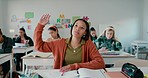 High school, girl and hand for answer, classroom and education with talking for assessment. Student, test and question with paper, idea and thinking for exam, progress and growth with problem solving