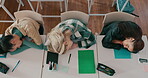 Group, sleeping and top view of teenager in classroom, high school and stress. Fatigue, tired girls and students rest on table, burnout and exhausted with learning, education development or study