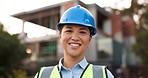 Smile, portrait and woman in engineering for urban building with confidence, pride and safety. Architecture, real estate and project management, happy contractor on construction site for development.