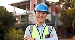 Smile, portrait and woman in civil engineering for urban building with confidence, arms crossed and safety. Architecture, real estate and project management, happy contractor on construction site.