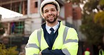 Smile, portrait and man in civil engineering for urban building with confidence, arms crossed and safety. Architecture, real estate and project management job, happy contractor on construction site.