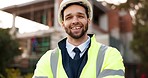 Smile, portrait and happy man in engineering for building development with confidence, pride and safety. Architecture, property and project management, contractor in urban planning construction site.