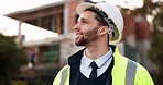 Outdoor, thinking and man with ideas, engineer and planning with a helmet, project development and construction. Person, architecture or employee with ideas, safety or construction with opportunity 