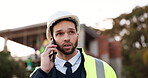 Architecture, man talking or engineer on a phone call on construction site for building or maintenance. Leader, conversation or architect in a discussion networking or speaking of engineering project