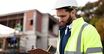 ??Man, outdoor engineering and checklist for project management at construction inspection, urban development or city. Manager writing notes on clipboard for architecture progress or buildings survey