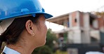Engineering, thinking and construction woman for planning, inspection and property development. Safety helmet, architecture and contractor with ideas for maintenance, building and renovation solution