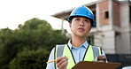 ??Woman, thinking and checklist at construction site, city architecture and project management or inspection. Contractor manager writing, documents and clipboard for engineering and buildings survey