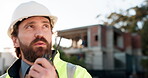 Construction, engineer man and radio for communication and project management at house. Architect, building contractor or person talking for safety check, inspection or maintenance on walkie talkie