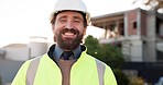 Smile, portrait and architect man in urban building development with confidence, sunshine and safety. Engineering, real estate and project management, happy contractor on property construction site.