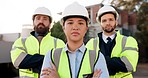 Portrait, construction worker and team with arms crossed, engineering and people outdoor with confidence. Infrastructure, building site and professional architect collaboration with woman leader