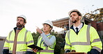 Engineering, teamwork and construction worker for building inspection, planning urban development and project management. Architecture manager and people speaking, tablet checklist or property survey