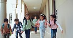 Children, school and holding hands running with students ready for education and youth. Kids, young people and bonding together with friendship and class group with backpack, studying and hall