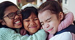 Children, love and girl friends hugging closeup together in a kindergarten classroom for education. Kids, learning or child development with young students embracing in class for support and bonding