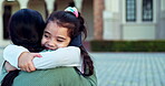 Mom, happy kid and hug at school outdoor for care, love and bonding together. Mother, child smile and running to embrace student for support, trust and welcome greeting after learning and education