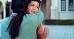 Mother, kid and hug at school outdoor for care, love and bonding together. Mom, child smile and happy to embrace student for support, trust and ready to start learning, education and kindergarten.